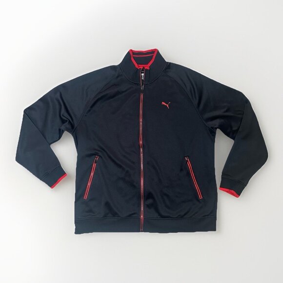 Puma Jacket Men’s 2XL Black With Red Logo Detail Zip Up Track Pockets Small Pull - Picture 1 of 13